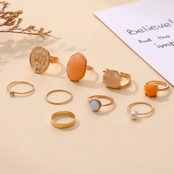 **MIKA* 9-Pc Gold x Multicolor Fashion Rhinestone Ring Set - Picture 2 of 4